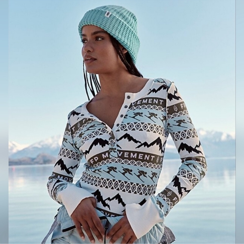 XL Free People Rally Printed Ski Henley Women's Long Sleeve Top - Blue White